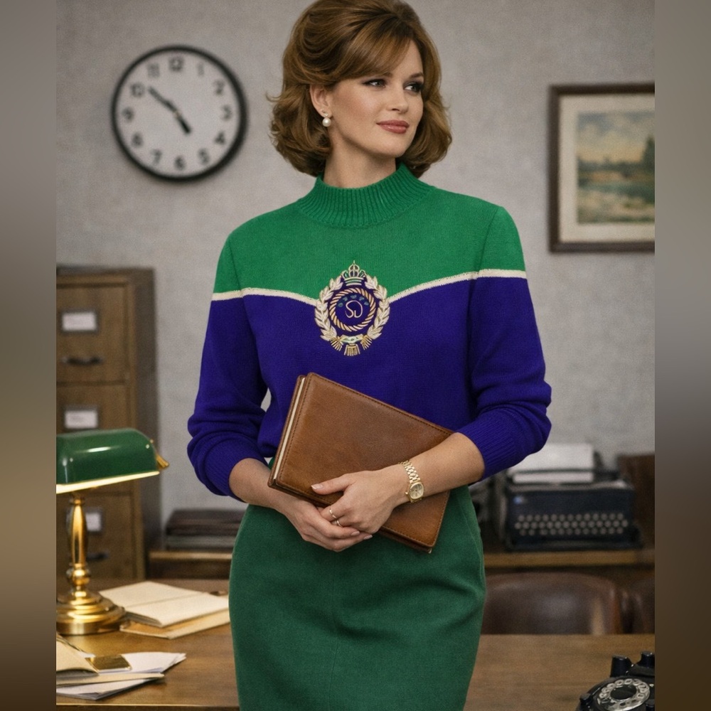 St. John Collection Green & Purple Knit Sweater Crest Logo Size M - Picture 7 of 7